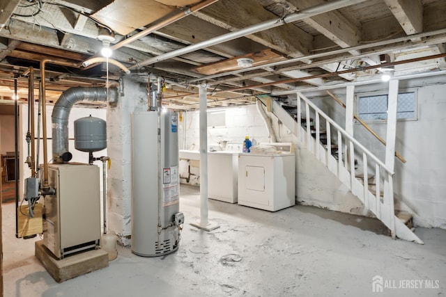113 Coleman St, Middlesex, NJ 08846 - unfinished below grade area featuring gas water heater, washing machine and dryer, stairway, and a heating unit