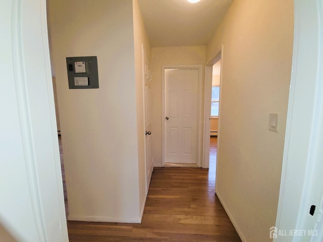 hall featuring a baseboard radiator, wood finished floors, and baseboards