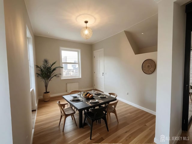 dining space featuring light wood-style floors, radiator heating unit, and baseboards