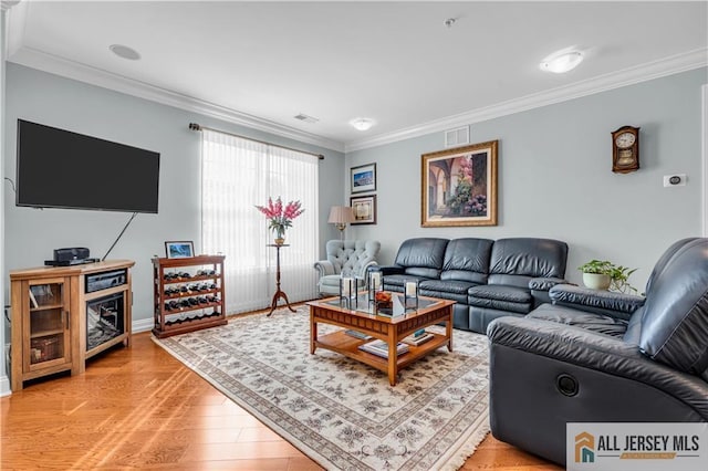1109 Enclave Cir, Franklin, NJ 08873 - living room with crown molding, baseboards, visible vents, and light wood-style floors