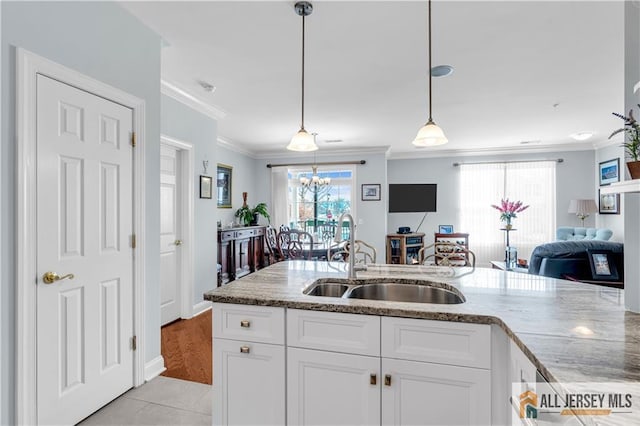 1109 Enclave Cir, Franklin, NJ 08873 - kitchen featuring crown molding, open floor plan, light stone countertops, and a sink