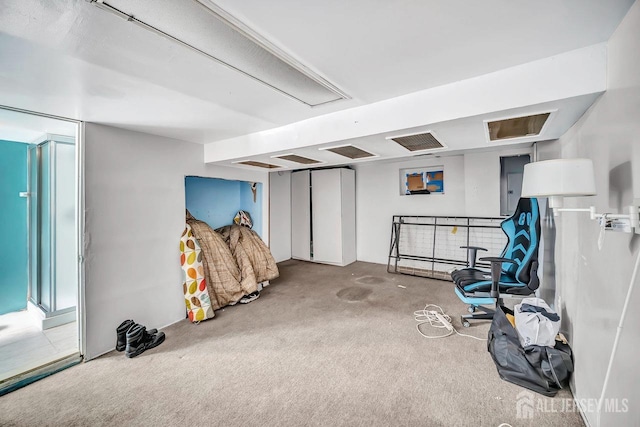 living area with electric panel and carpet flooring