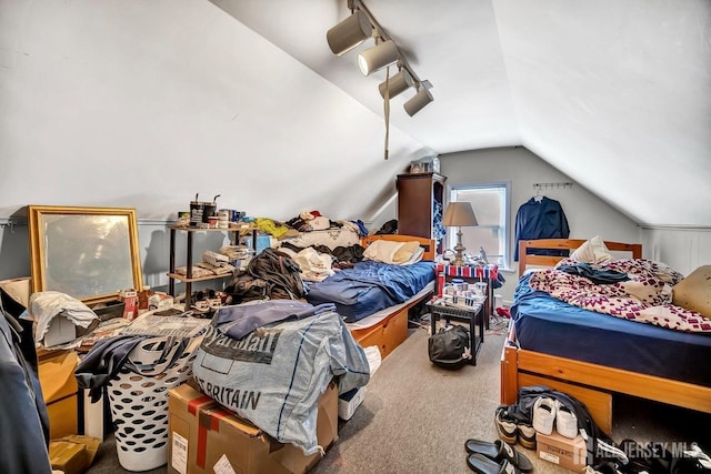 carpeted bedroom with vaulted ceiling