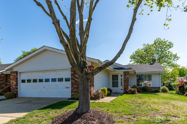 249 Doremus Dr Unit B, Monroe, NJ 08831 - view of front of house featuring brick siding, an attached garage, concrete driveway, a front lawn, and a chimney