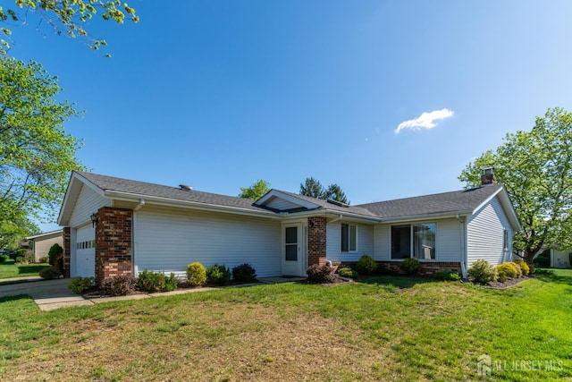 249 Doremus Dr Unit B, Monroe, NJ 08831 - ranch-style house featuring an attached garage, brick siding, a front lawn, and a chimney