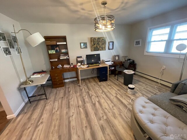 home office featuring a baseboard radiator, a notable chandelier, and wood-type flooring