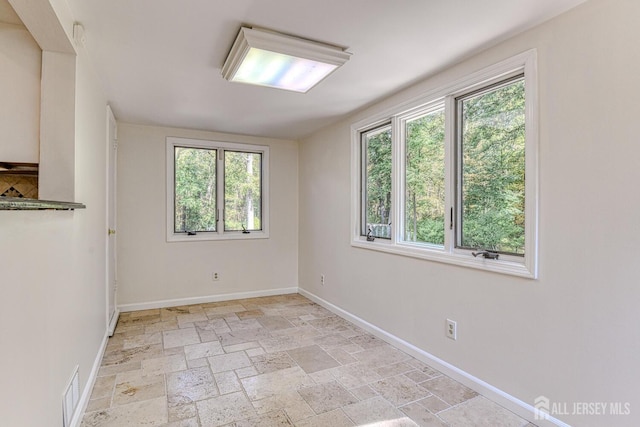 spare room featuring baseboards, visible vents, and stone tile floors