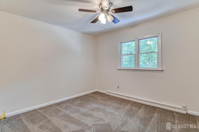 unfurnished room with crown molding, baseboard heating, carpet flooring, ceiling fan, and baseboards