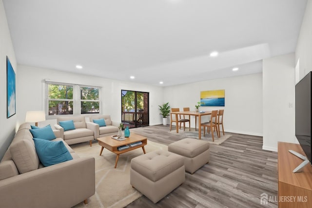 living room with baseboards, light wood-style flooring, and recessed lighting