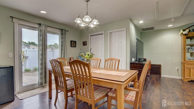 27 Carlton Ave, Monroe, NJ 08831 - dining space featuring attic access, dark wood-style floors, recessed lighting, baseboards, and a chandelier