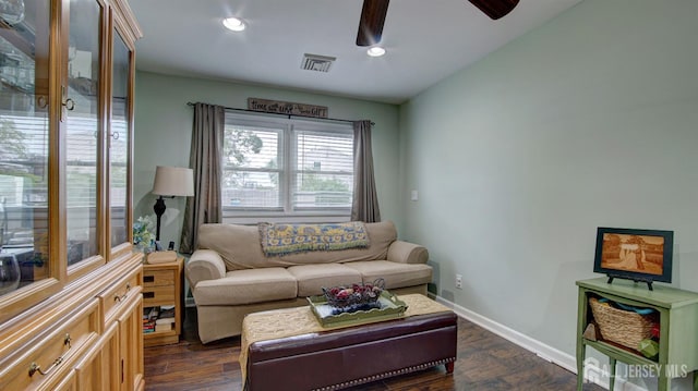 27 Carlton Ave, Monroe, NJ 08831 - living room with ceiling fan, dark wood-type flooring, baseboards, and recessed lighting