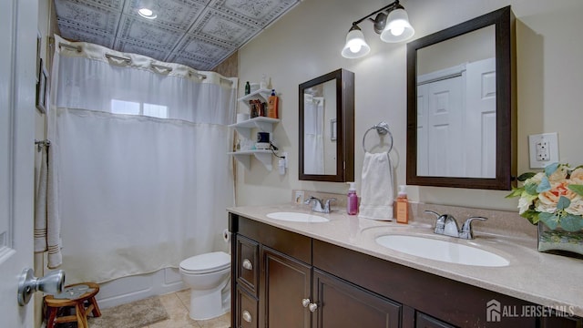 27 Carlton Ave, Monroe, NJ 08831 - full bathroom featuring double vanity, toilet, shower / tub combo, an ornate ceiling, and tile patterned floors