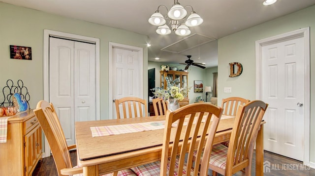 27 Carlton Ave, Monroe, NJ 08831 - dining space featuring dark wood-style floors, attic access, recessed lighting, and a ceiling fan