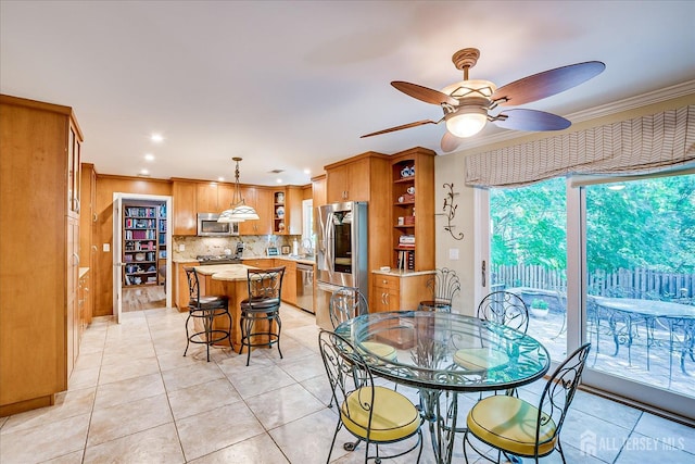 147 Smith St, South Plainfield, NJ 07080 - dining space with light tile patterned floors, a ceiling fan, crown molding, and recessed lighting
