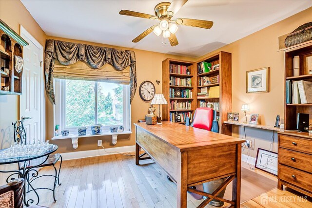 147 Smith St, South Plainfield, NJ 07080 - home office featuring ceiling fan, light wood-style flooring, and baseboards