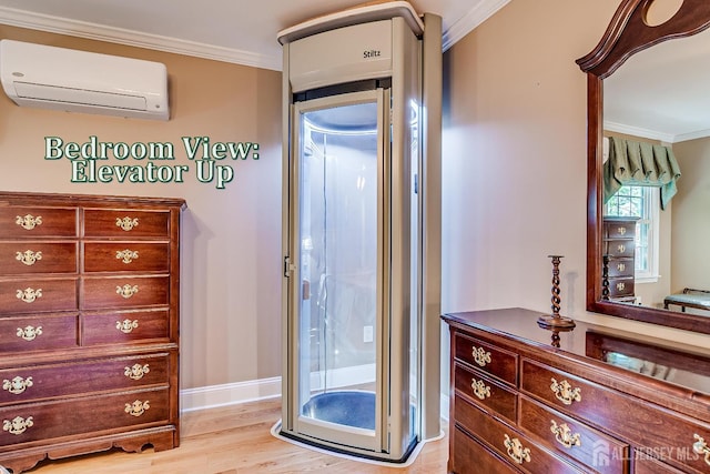 147 Smith St, South Plainfield, NJ 07080 - bedroom featuring a wall mounted air conditioner, ornamental molding, wood finished floors, and baseboards