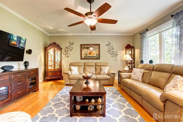 living area with ceiling fan, light wood-style floors, and ornamental molding