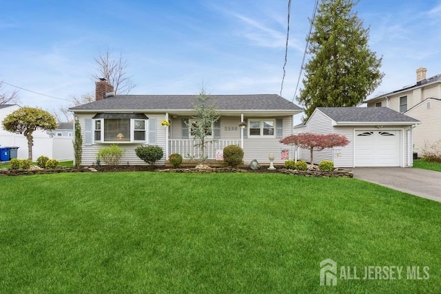 ranch-style home with driveway, a chimney, an attached garage, a porch, and a front lawn