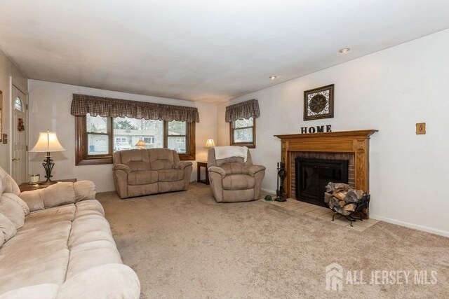 2338 Oxford Ave, South Plainfield, NJ 07080 - living area featuring carpet and a brick fireplace