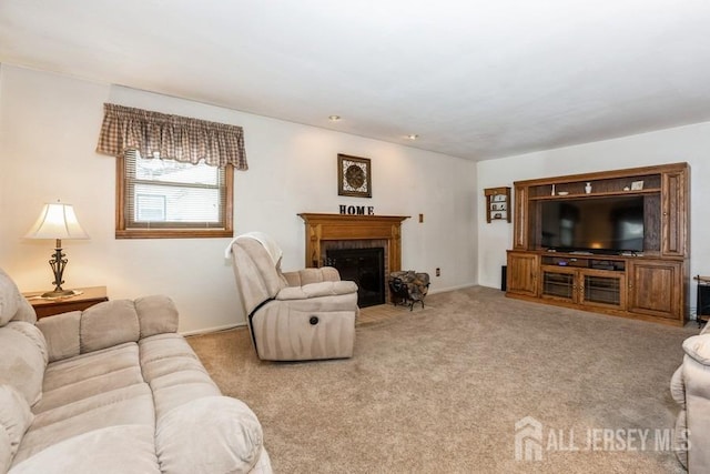 2338 Oxford Ave, South Plainfield, NJ 07080 - carpeted living room featuring a fireplace with flush hearth and baseboards