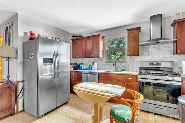 230 Creek Rd, Keansburg, NJ 07734 - kitchen featuring appliances with stainless steel finishes, wall chimney exhaust hood, a sink, light countertops, and decorative backsplash