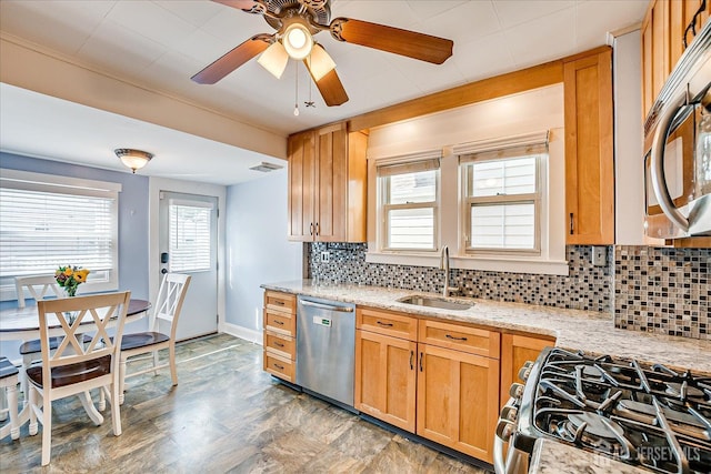 205 Midland Ave, Metuchen, NJ 08840 - kitchen with appliances with stainless steel finishes, decorative backsplash, light stone counters, and ceiling fan
