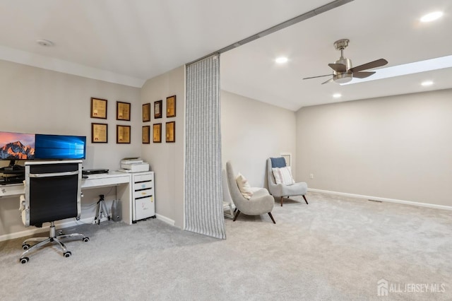 office area with carpet floors, a ceiling fan, baseboards, and recessed lighting