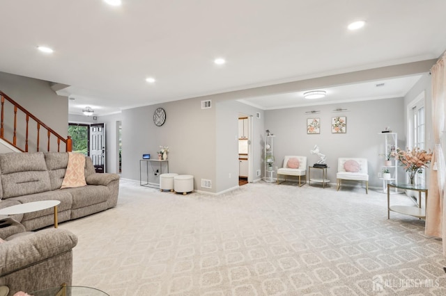living area with crown molding, stairway, recessed lighting, baseboards, and carpet floors