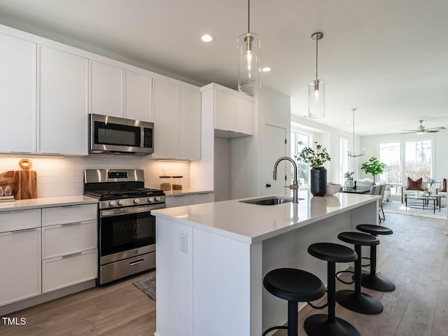 kitchen featuring a sink, stainless steel appliances, tasteful backsplash, and wood finished floors