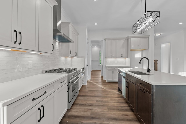 kitchen with sink, hanging light fixtures, wall chimney range hood, dark hardwood / wood-style flooring, and appliances with stainless steel finishes