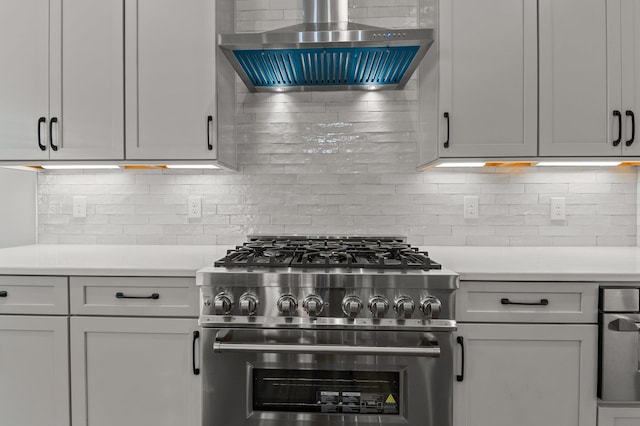 kitchen featuring backsplash, wall chimney exhaust hood, and high end stainless steel range oven