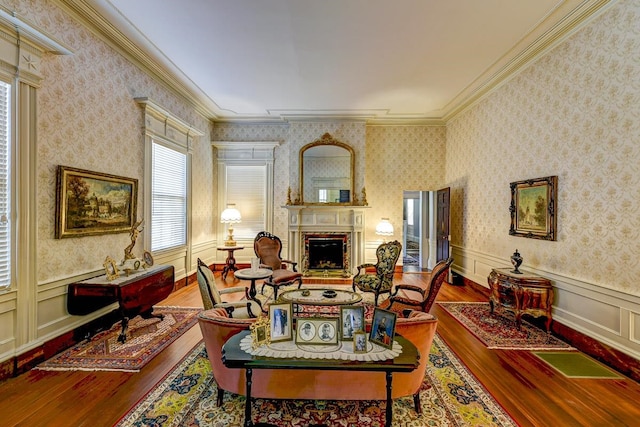 living room with dark hardwood / wood-style floors, a fireplace, and a wealth of natural light