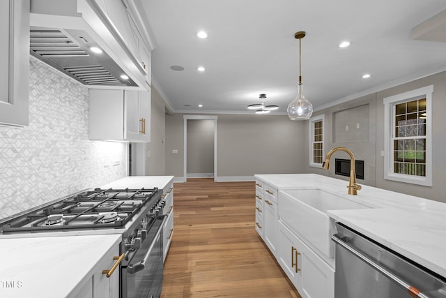 kitchen featuring light wood-type flooring, tasteful backsplash, custom exhaust hood, dishwasher, and crown molding