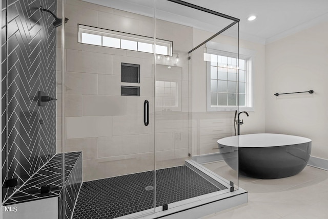 bathroom featuring walk in shower, tile flooring, and ornamental molding