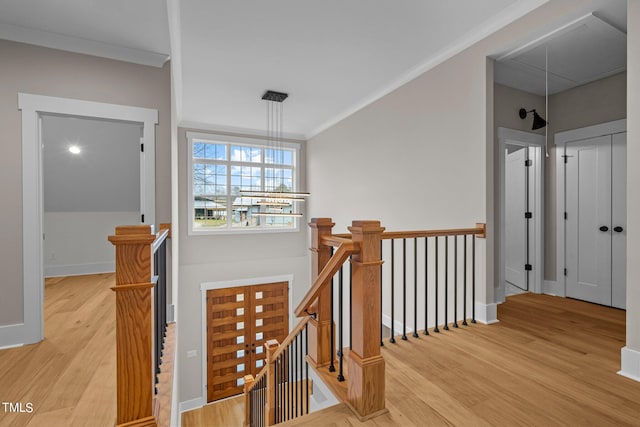 staircase featuring ornamental molding and light wood-type flooring