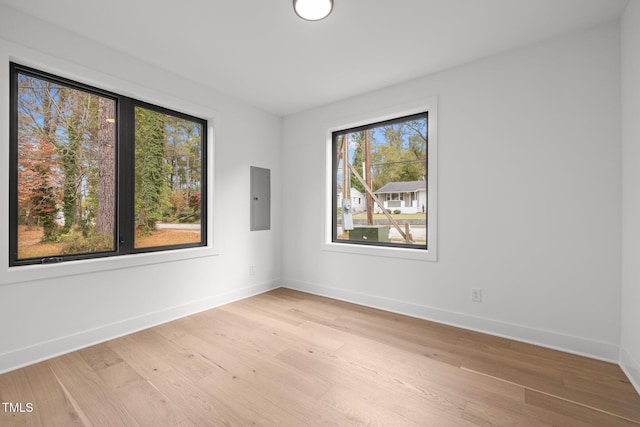 unfurnished room featuring plenty of natural light, electric panel, and light hardwood / wood-style flooring