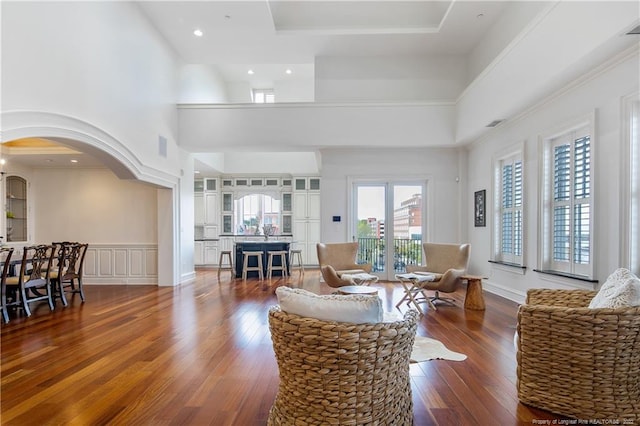 living room with a high ceiling, a tray ceiling, and dark hardwood / wood-style flooring