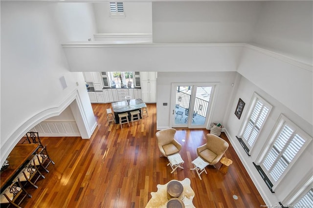 living room featuring a towering ceiling and dark hardwood / wood-style floors