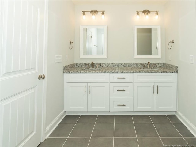 bathroom with tile floors and double sink vanity