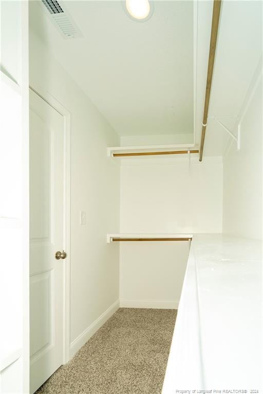 walk in closet featuring light colored carpet