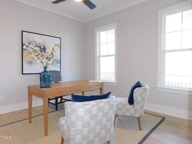 office space with crown molding, wood-type flooring, ceiling fan, and a healthy amount of sunlight