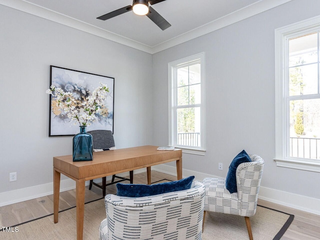 office space with baseboards, ornamental molding, and a healthy amount of sunlight