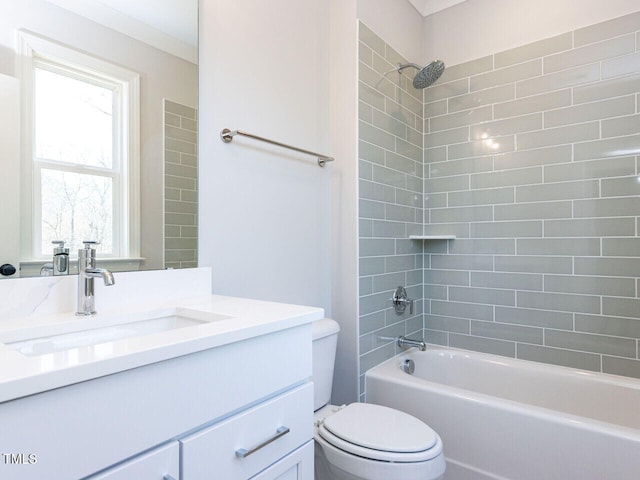 full bathroom with vanity, bathtub / shower combination, and toilet