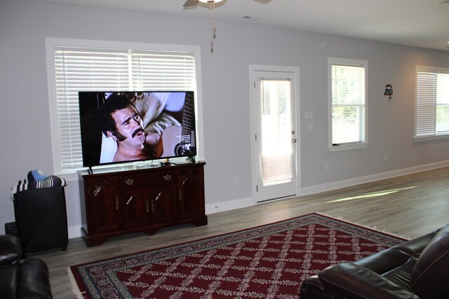 living room featuring ceiling fan and light hardwood / wood-style flooring