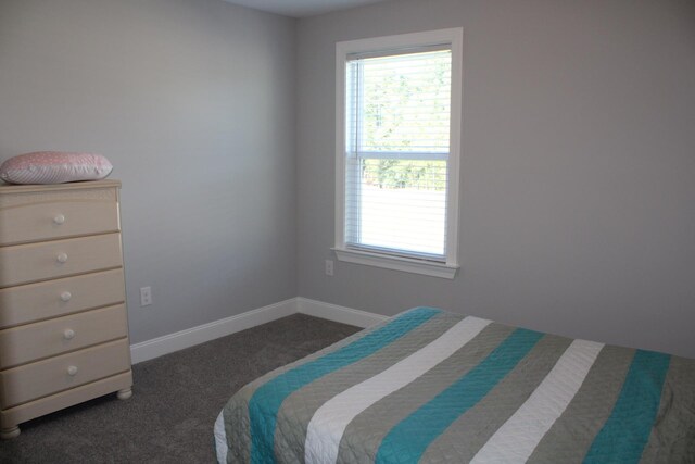 bedroom with dark colored carpet