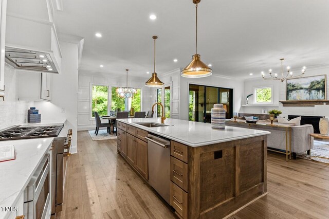 kitchen featuring a healthy amount of sunlight, light wood-type flooring, hanging light fixtures, and appliances with stainless steel finishes