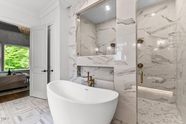 bathroom with ornamental molding, shower with separate bathtub, and tile walls