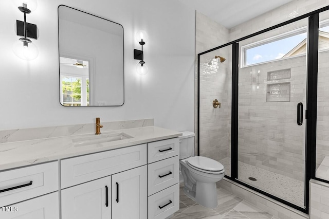 bathroom with vanity, toilet, plenty of natural light, and a shower with shower door