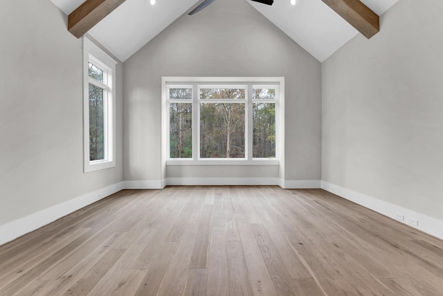 spare room featuring high vaulted ceiling, beam ceiling, a wealth of natural light, and light wood-type flooring