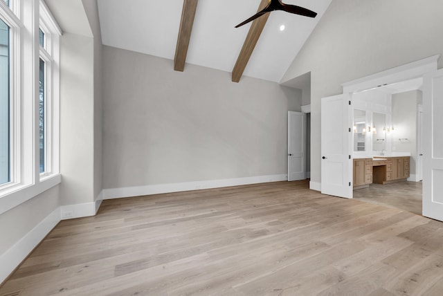 unfurnished bedroom with connected bathroom, ceiling fan, beamed ceiling, high vaulted ceiling, and light wood-type flooring